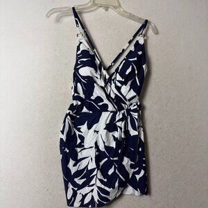 Anne Cole Women's Plunge One Piece Swim suit dress size 14 navy blue floral NEW